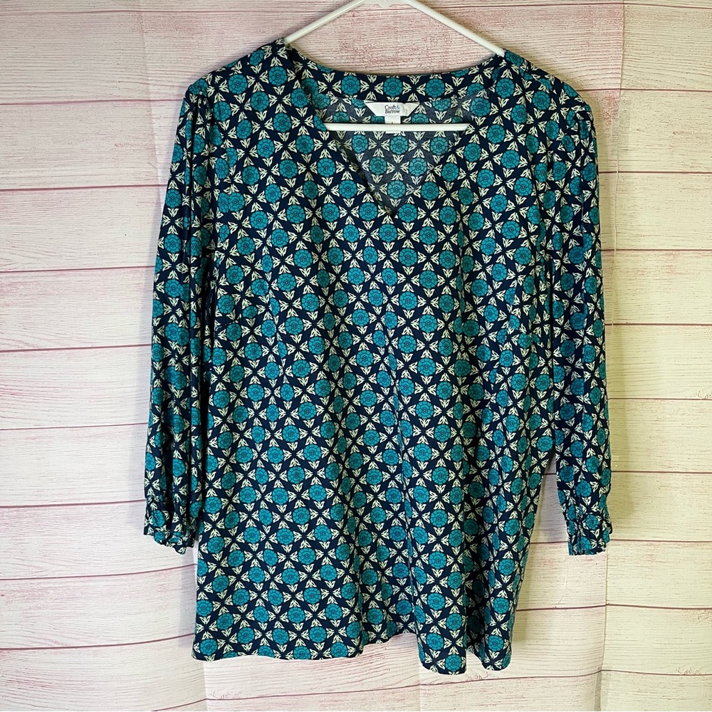 Croft & Barrow 100% Cotton 3/4 Sleeve Blue Teal V-Neck Top‎ Size Large